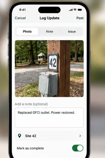 My Day mobile field update view with photo and note